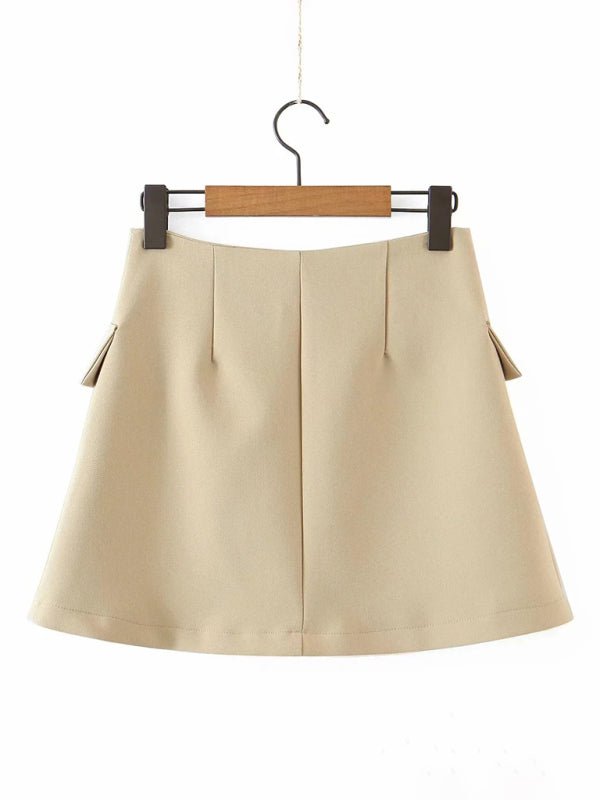 New fashionable casual diagonal button short blazer + high waist pocket skirt suit - Skirt Suit